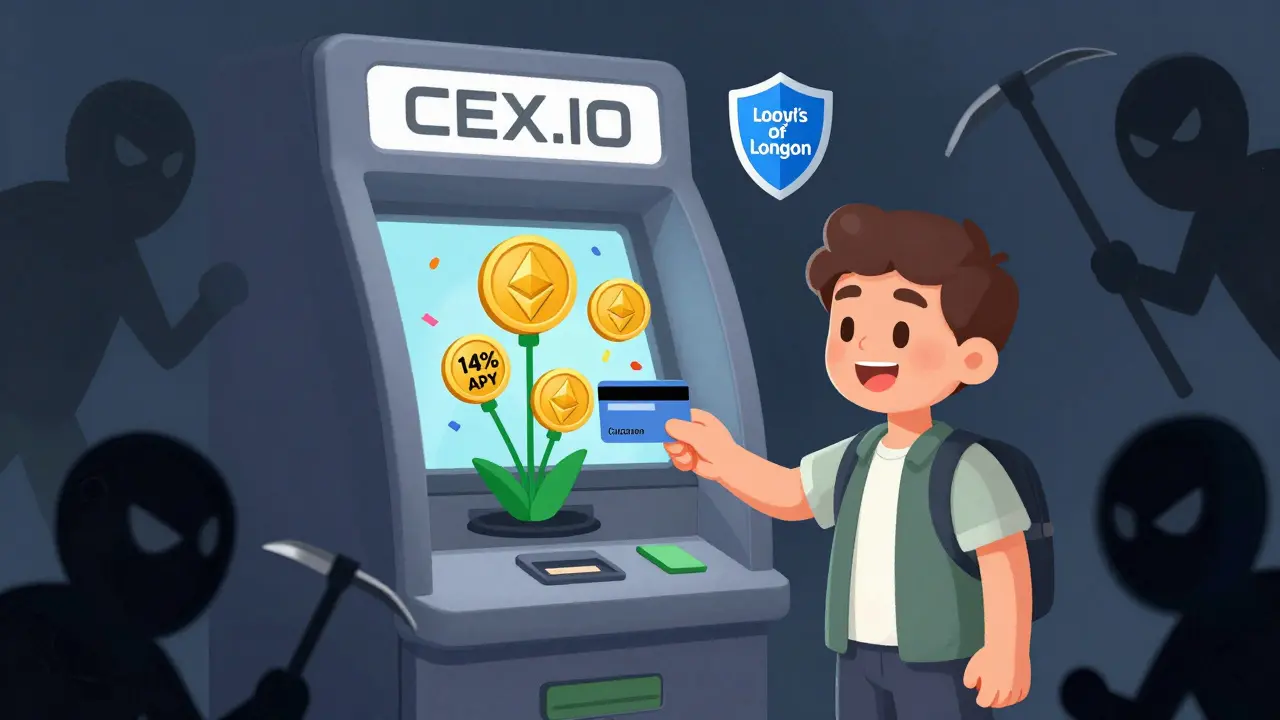 A user receiving staking rewards as flowers from a CEX.IO ATM, protected by an insurance shield from sneaky hackers.
