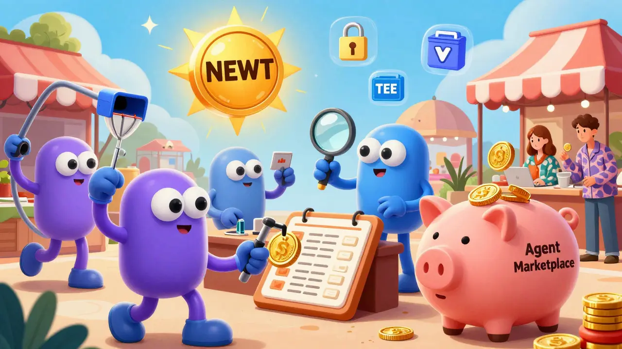 Cartoon AI agents trade NEWT tokens in a vibrant marketplace with security icons glowing above.
