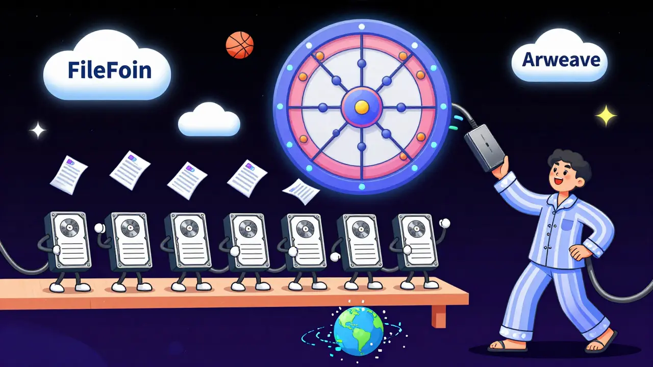 Cartoon hard drives dance and toss data into a blockchain wheel under a starry sky.