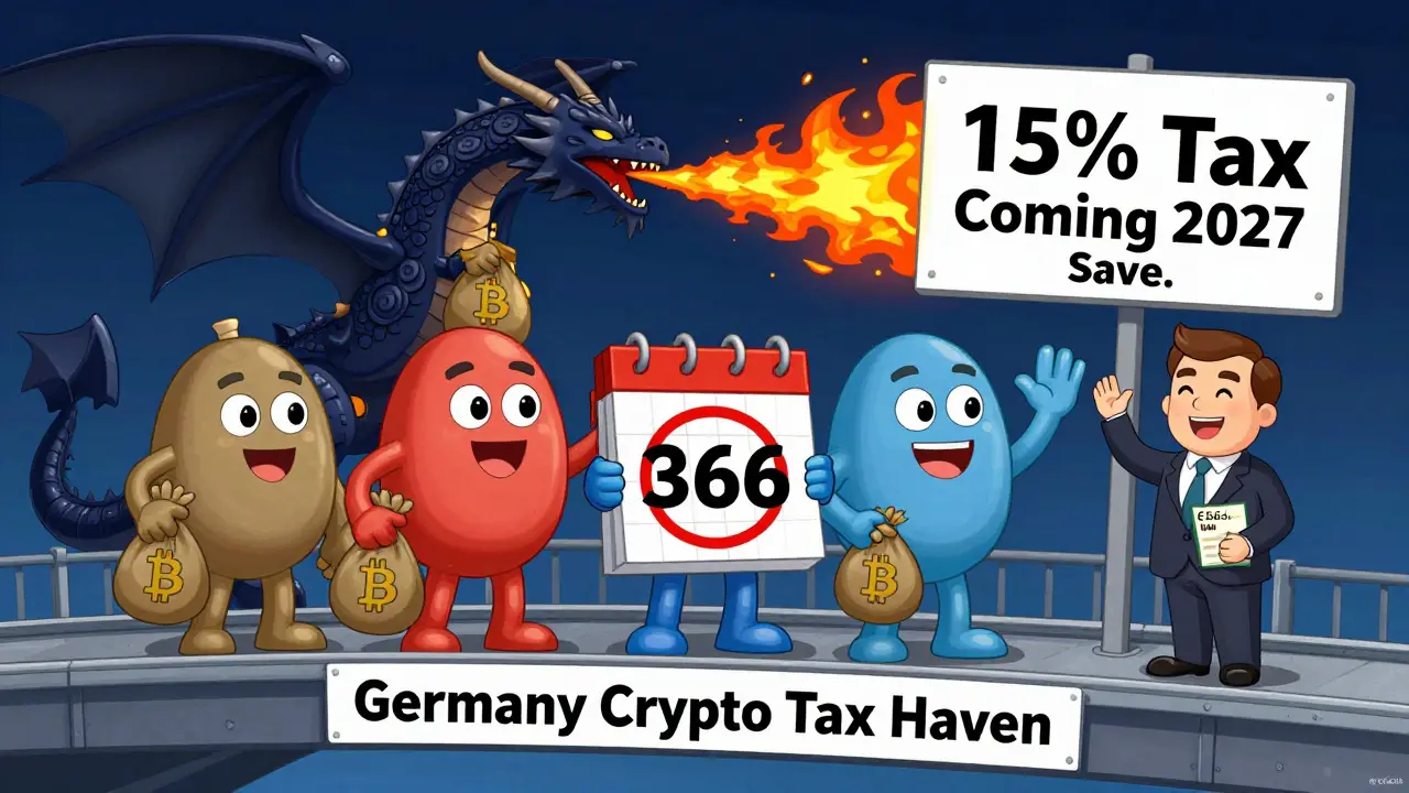 Crypto holders cross a bridge to safety as a EU dragon threatens tax changes, holding a 366-day calendar.