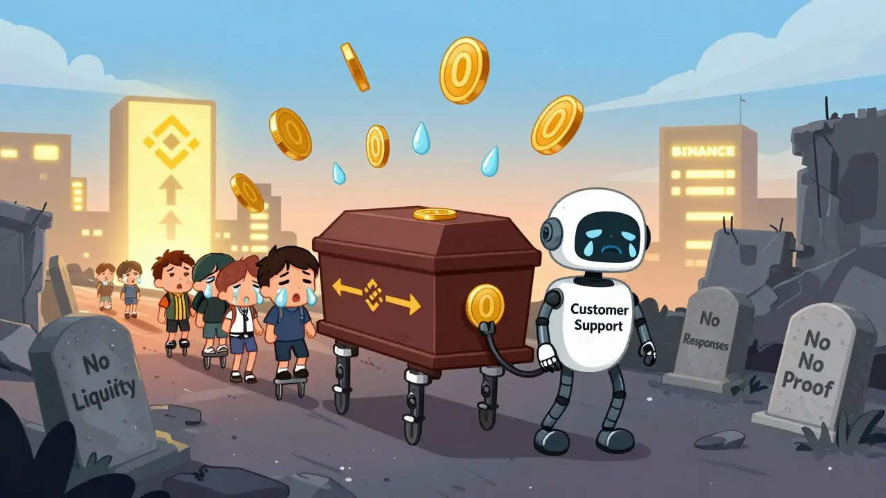 Funeral procession for a BIKI token with crying users and tombstones marking its failures.