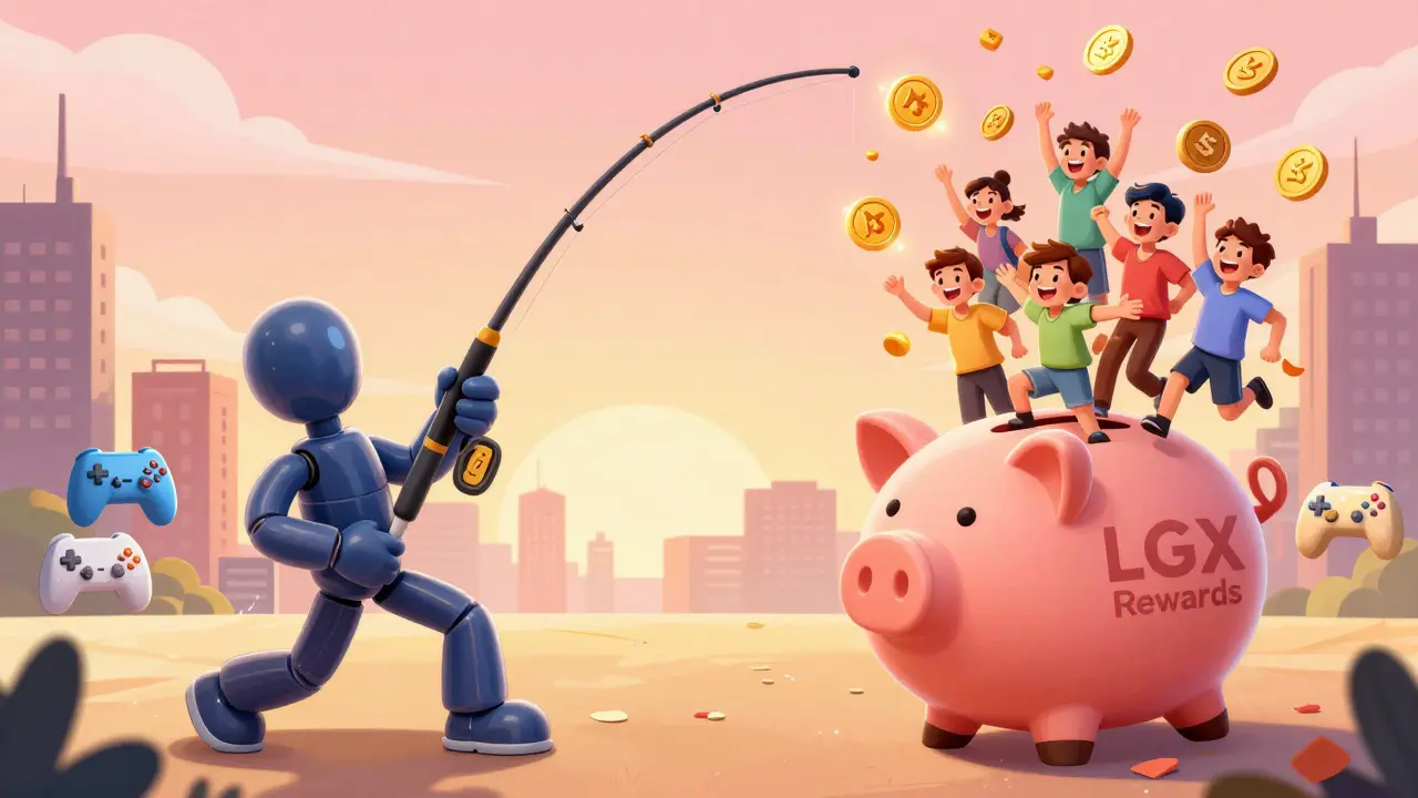 Person catching LGX tokens from referred friends into a giant piggy bank