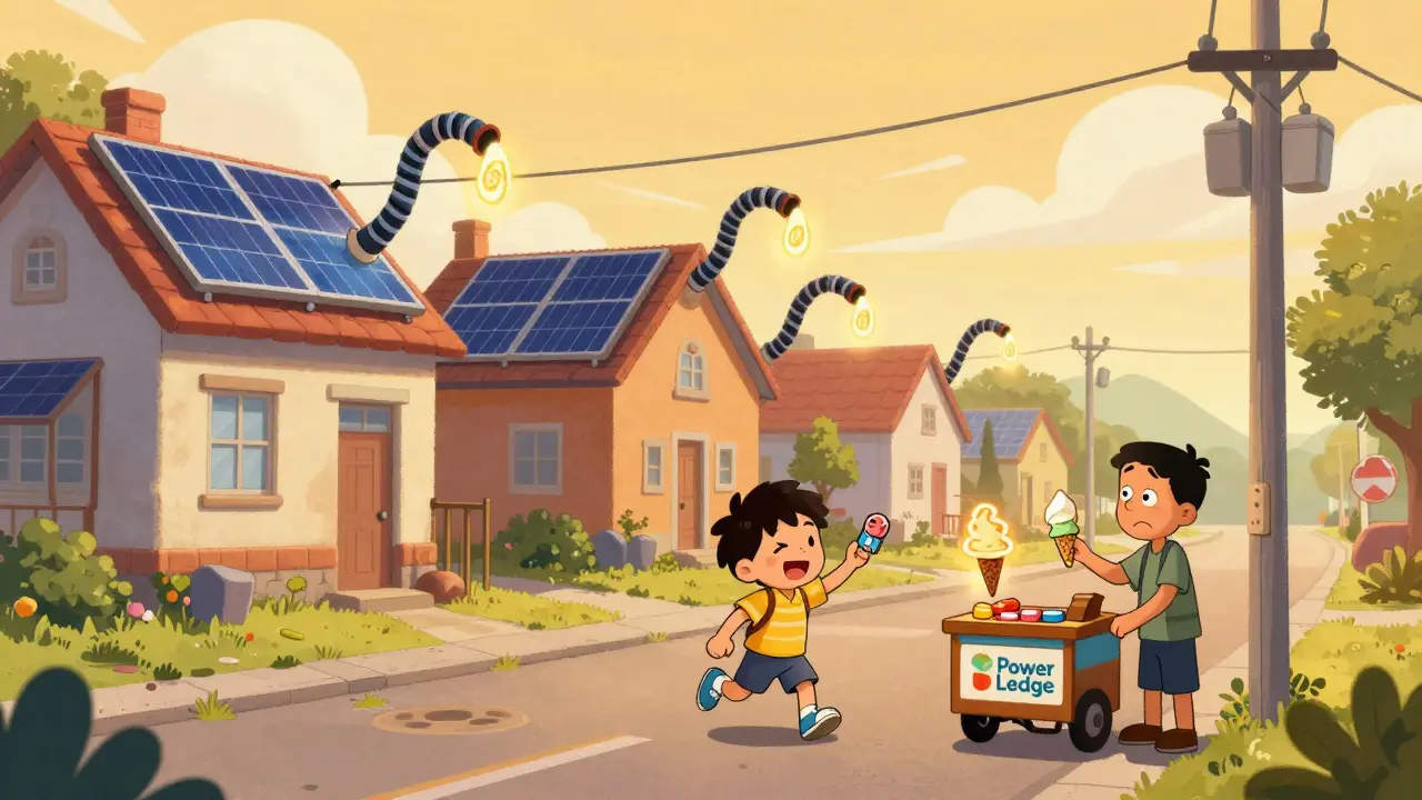 Solar panels on houses stretch like arms to share energy tokens with neighbors in a sunny street.