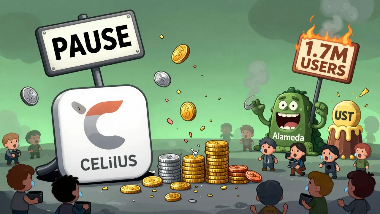 The deflated Celsius app dragging broken reward tiers as users cry, with a 'PAUSE' sign crushing them under a collapsing economy.