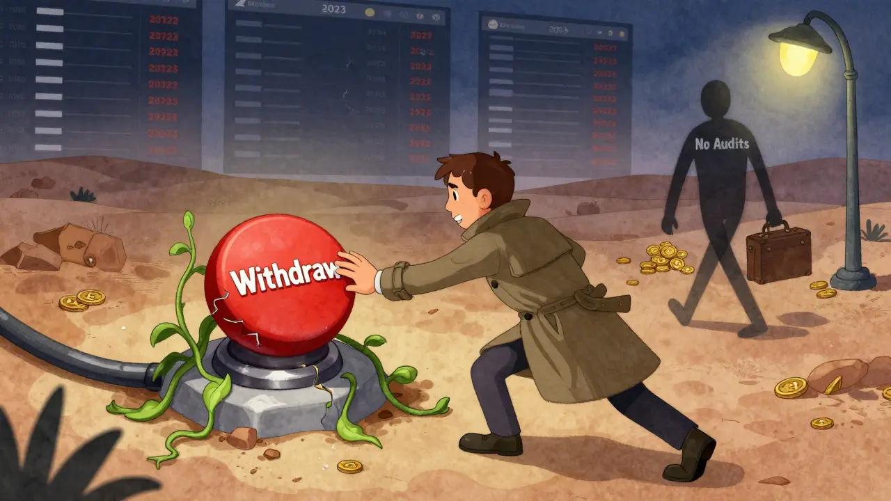 User pushing a broken withdrawal button that turns into a wilting plant, shadowy figure walking away.