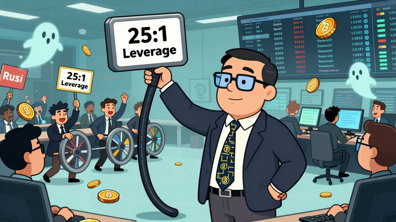 Wall Street trader calmly controlling 25:1 leverage while chaotic meme traders spin wheels in the background.