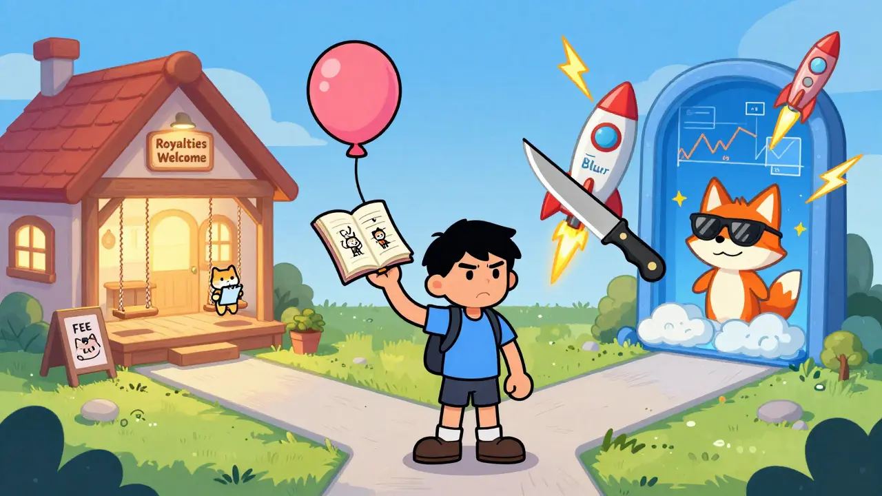 A beginner artist at a crossroads between OpenSea's cozy cottage and Blur's rocket-powered trading portal, illustrated in rubber hose animation.