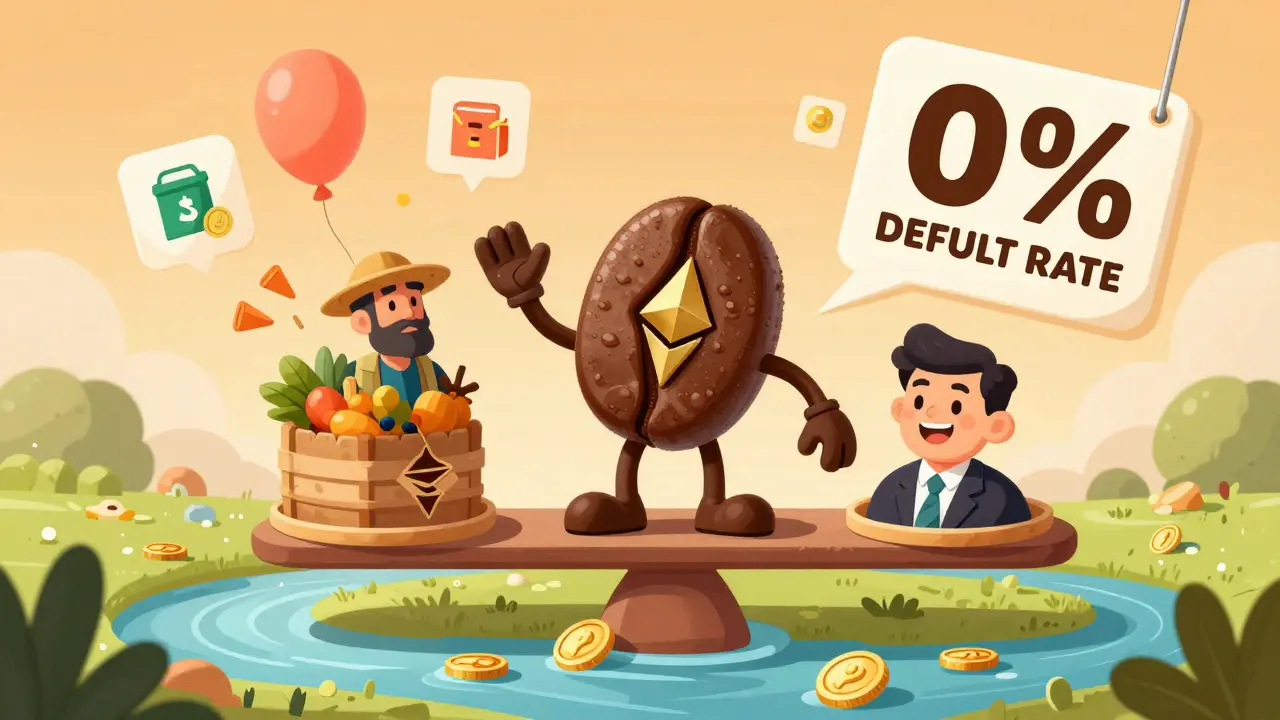 A coffee bean-shaped ETHIX token balances farmer’s harvest and investor’s smile, surrounded by staking rewards and coffee bags floating like balloons.