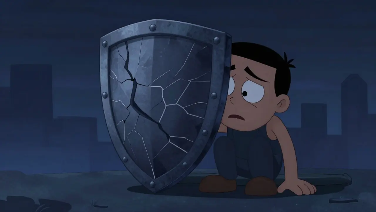 A cracked security shield held by a worried character.