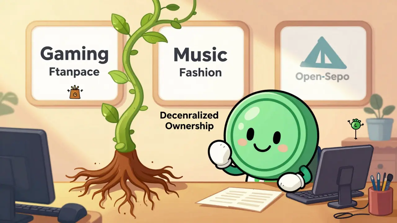 A creator stamps an NFT with a smiling SHROOM token while branded marketplaces grow like vines behind them.