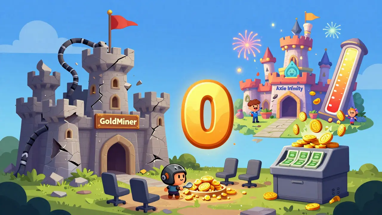 A crumbling GoldMiner castle with one lonely miner, next to a thriving Axie Infinity castle full of happy players.