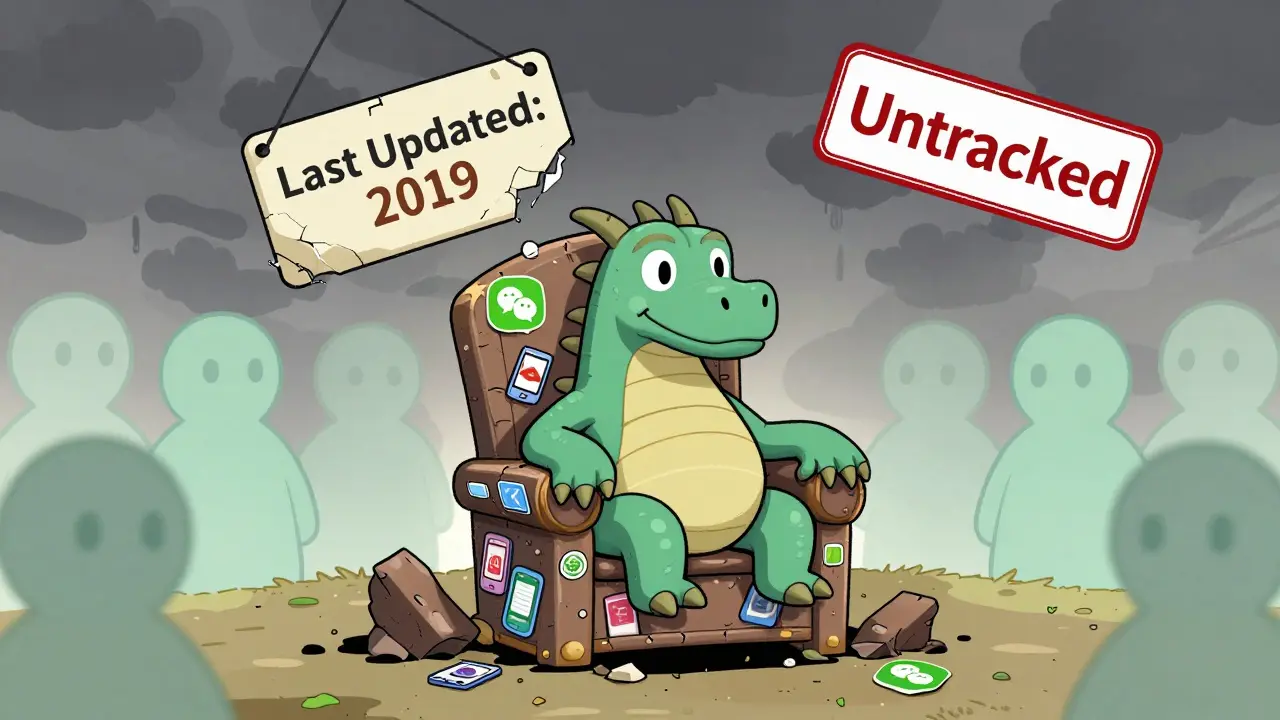 A deflated dragon sits on a throne of outdated apps, surrounded by fading user ghosts.