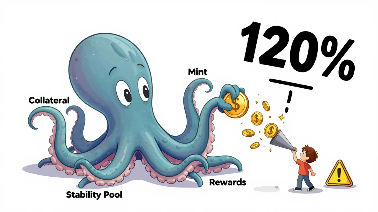 A friendly octopus smart contract with labeled tentacles sprays mkUSD coins and CRV/CVX confetti while a scale reads '120%'.