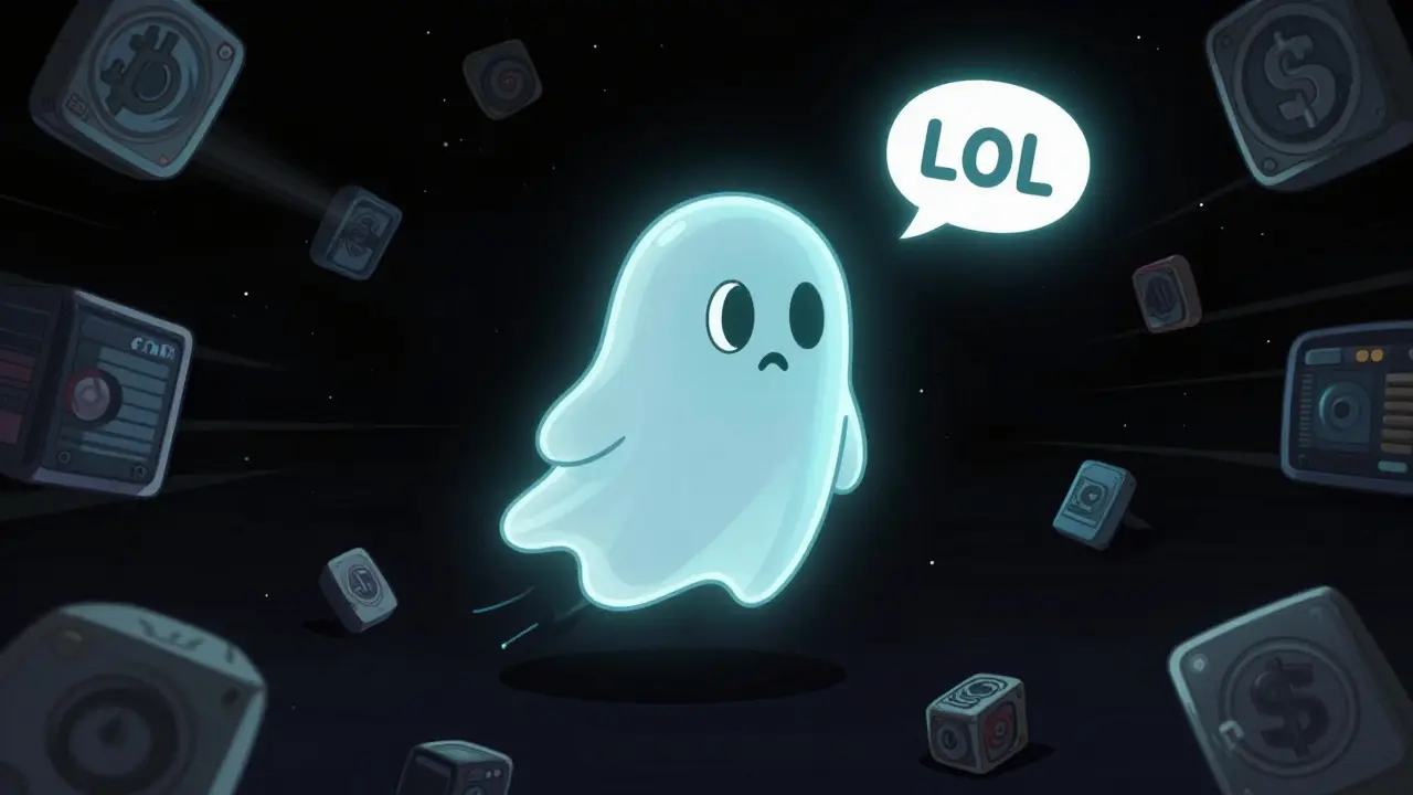 A ghostly ALONE token floats alone in space, surrounded by drifting memes and abandoned crypto projects.
