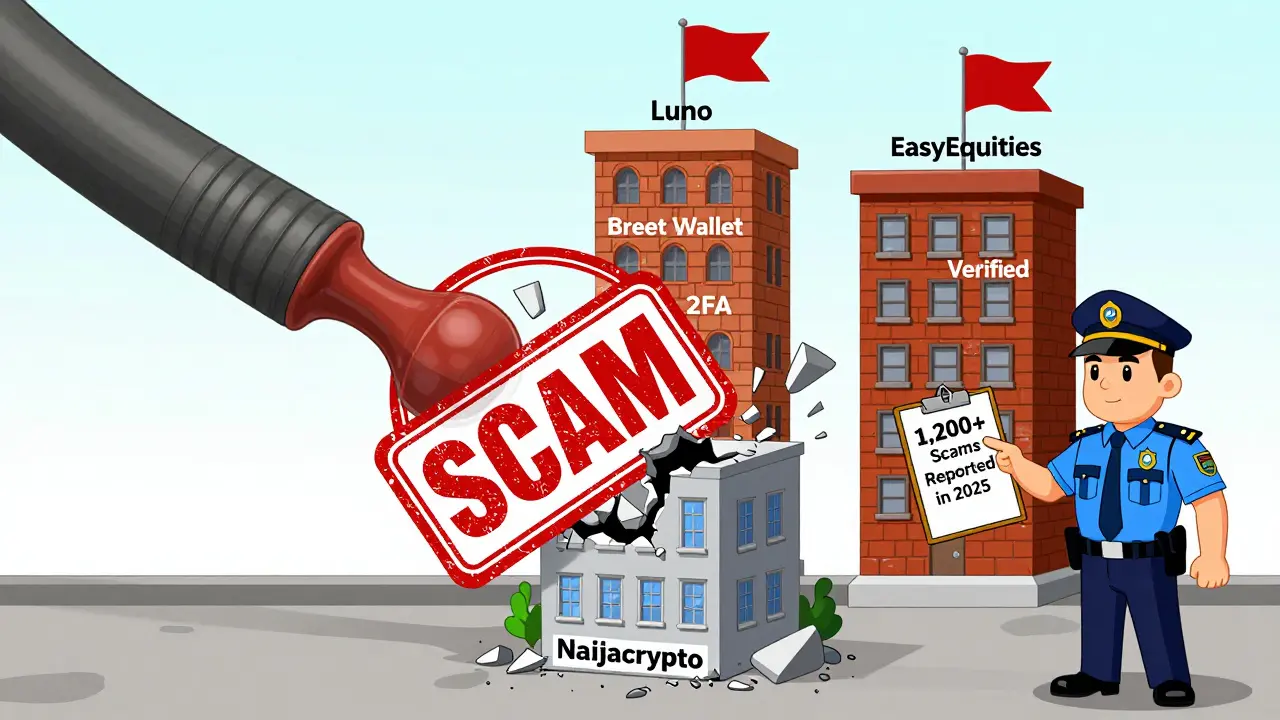 A giant 'SCAM' stamp crushes a crumbling Naijacrypto building as three verified exchanges stand strong with safety icons.