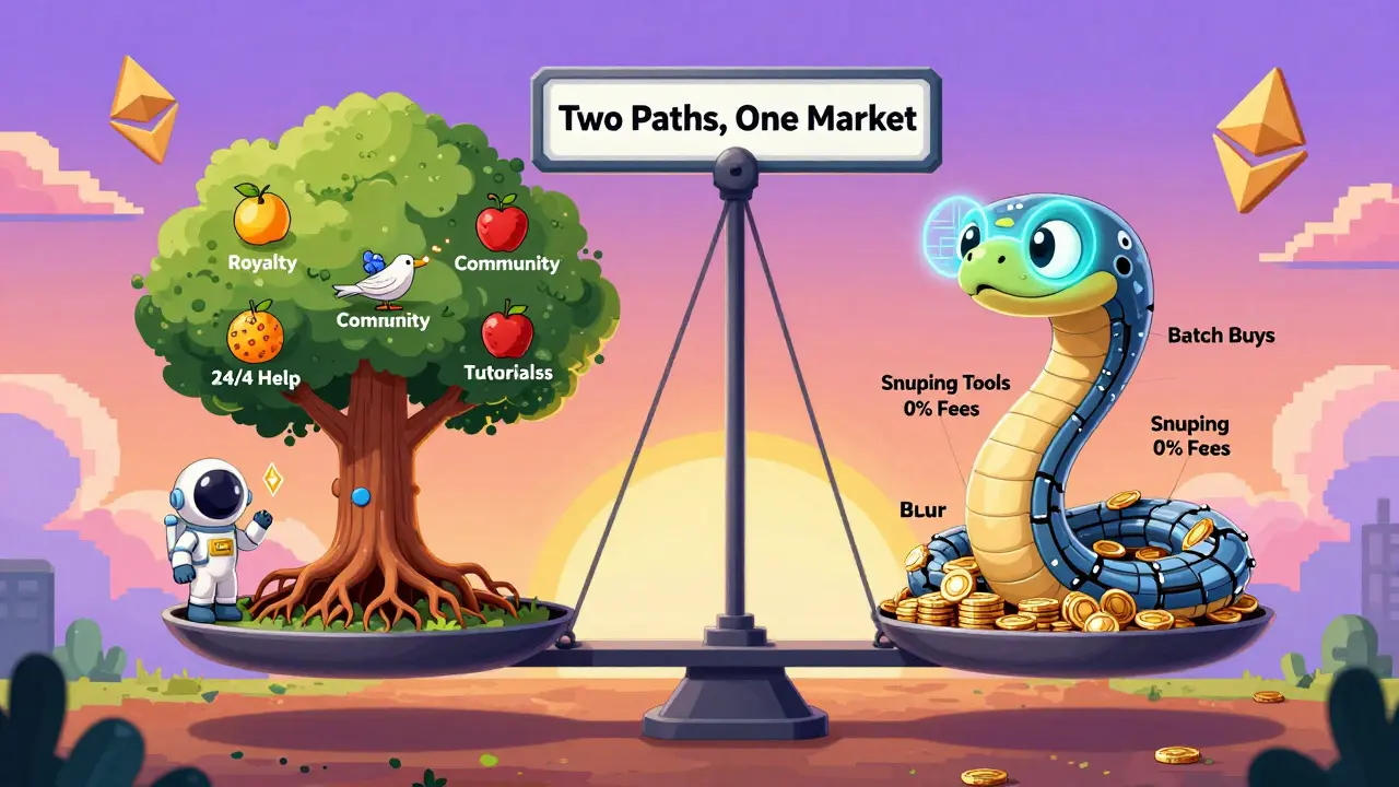 A giant scale balancing OpenSea's artist-friendly tree against Blur's mechanical serpent, rendered in exaggerated rubber hose cartoon style.