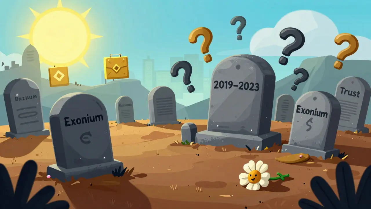 A graveyard of dead exchanges with Exonium's tombstone among wilted trust flowers.