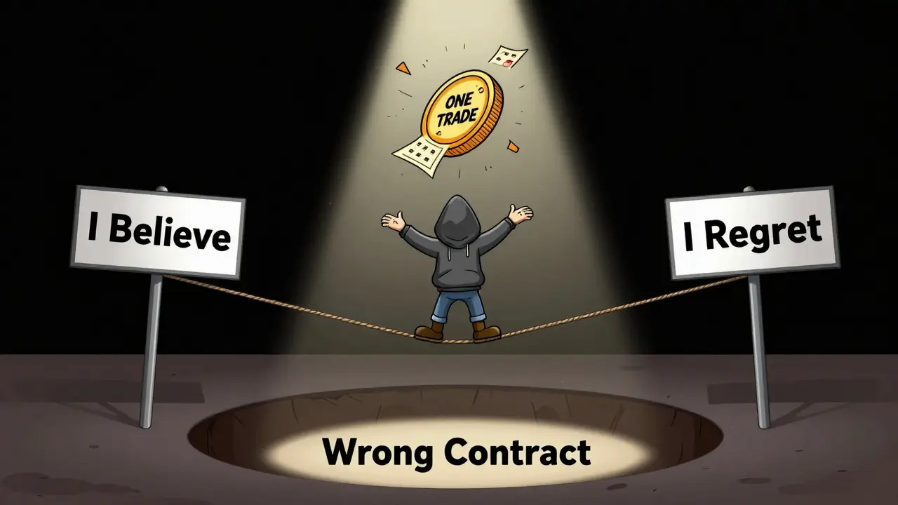 A lone trader on a tightrope between belief and regret, with a spinning DEGEN lottery ticket overhead.