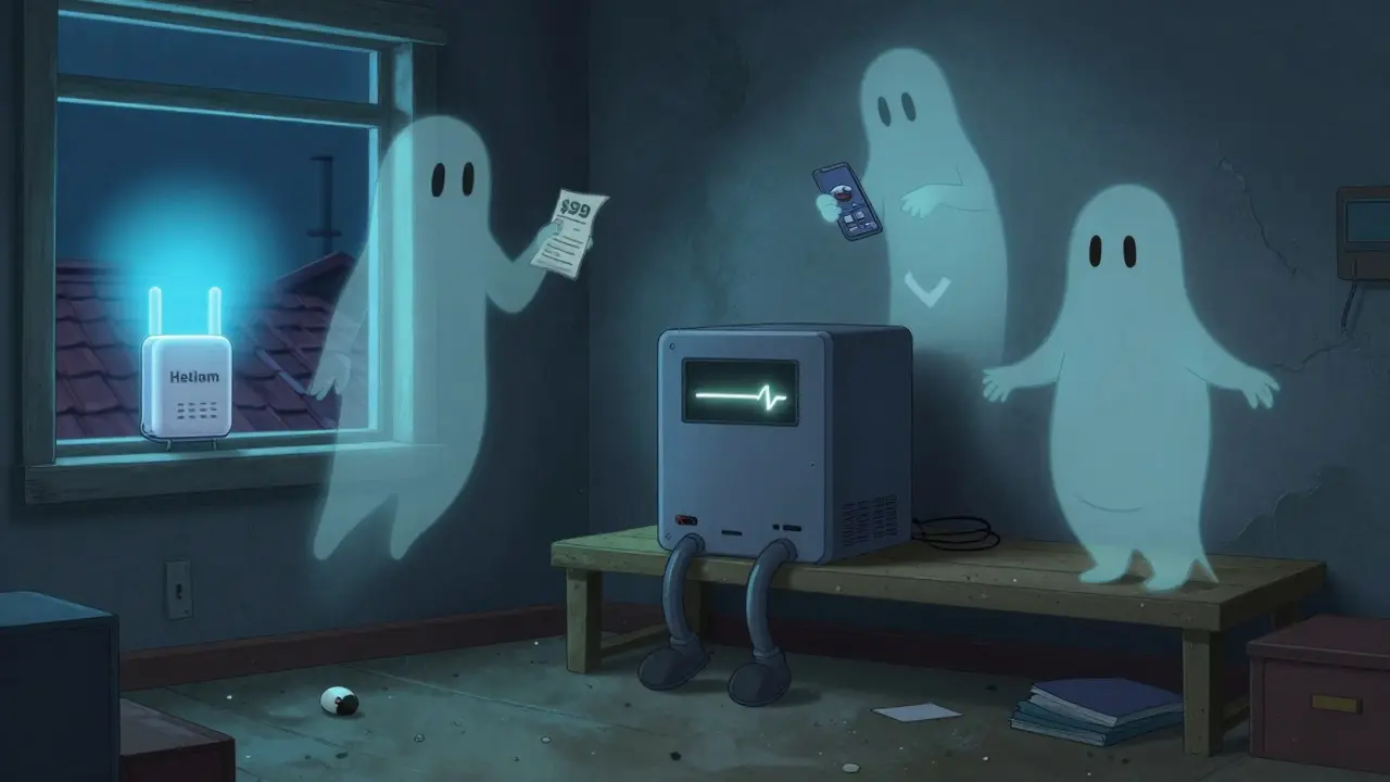A lone Wicrypt device blinks weakly on a shelf, surrounded by ghostly users holding receipts and empty pockets, while a Helium hotspot glows peacefully outside.