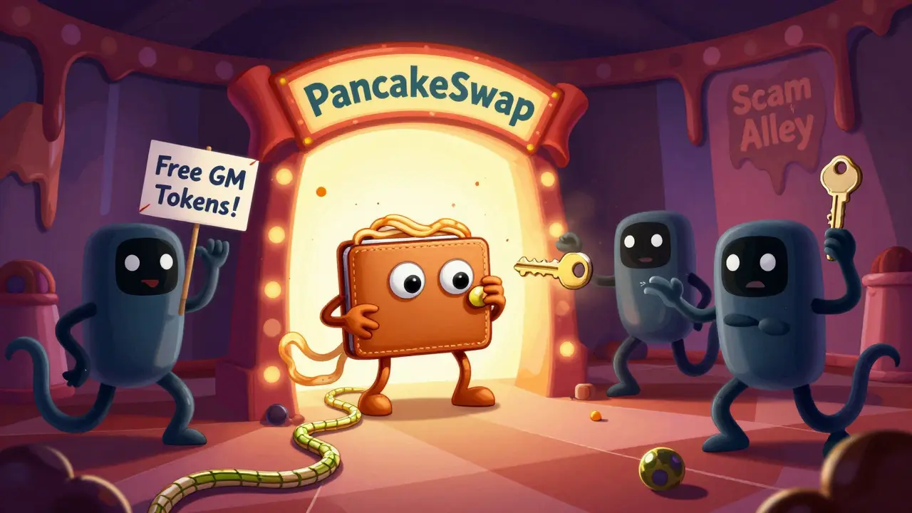 A nervous wallet being lured by Telegram bots near a PancakeSwap portal in a surreal funhouse filled with scam signs.