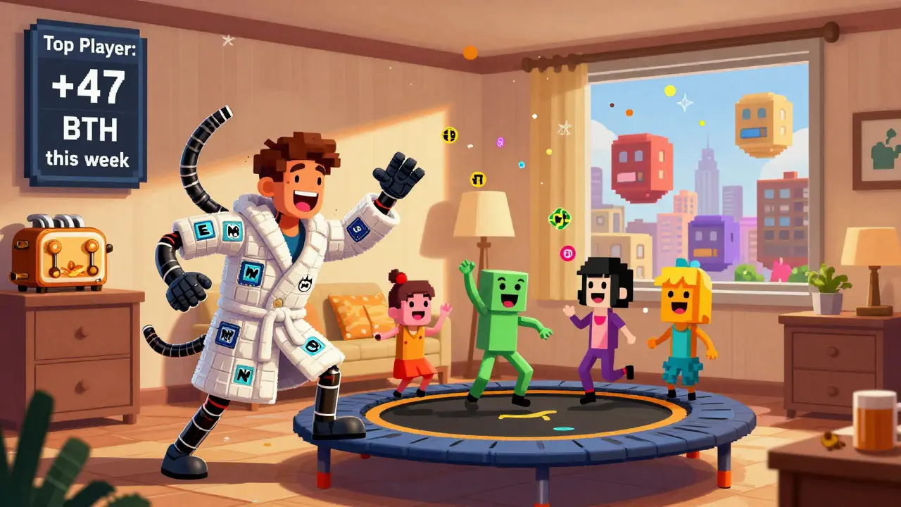 A player hosts a party in a pixel hotel room with dancing guests and a BTH leaderboard