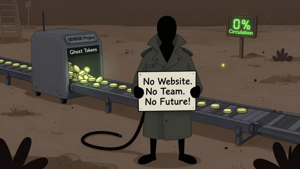 A shadowy figure stands before a barren digital wasteland labeled SENDOR, with a sign reading 'No Website. No Team. No Future.'