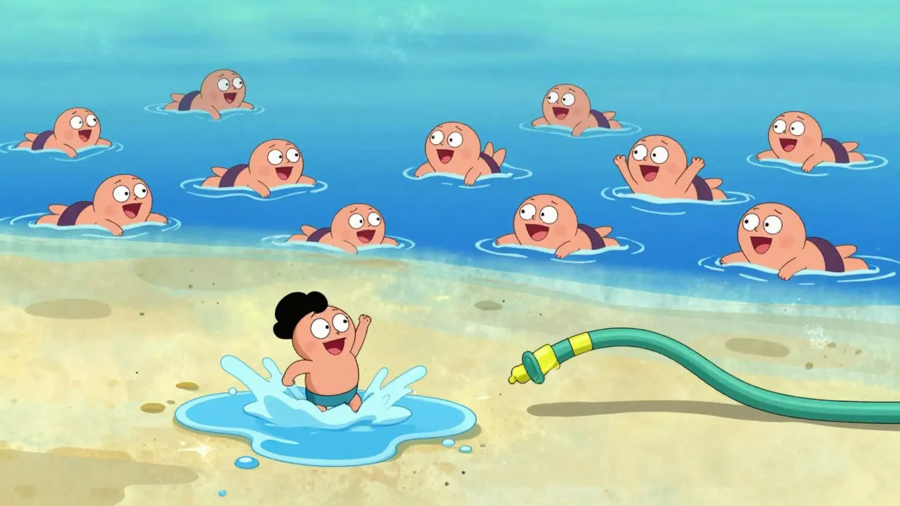 A small puddle with a struggling character next to a large ocean of swimmers.