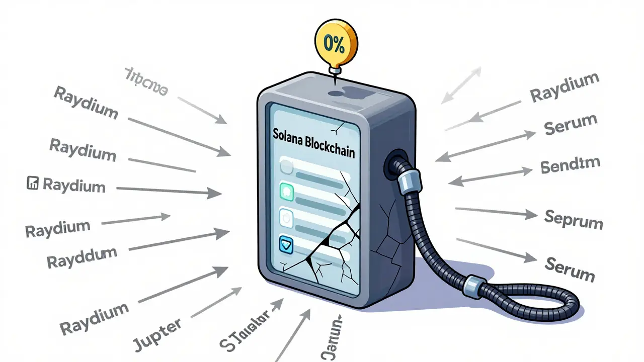 A Solana blockchain ledger shows thousands of active tokens moving past a frozen SENDOR token with '0%' above it.
