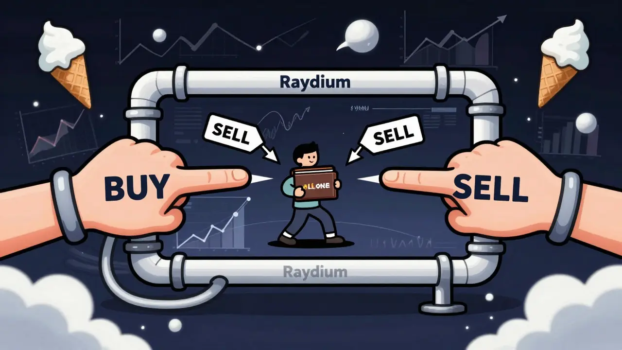 A tiny trader struggles on a wobbly exchange screen pulled by giant BUY and SELL hands.
