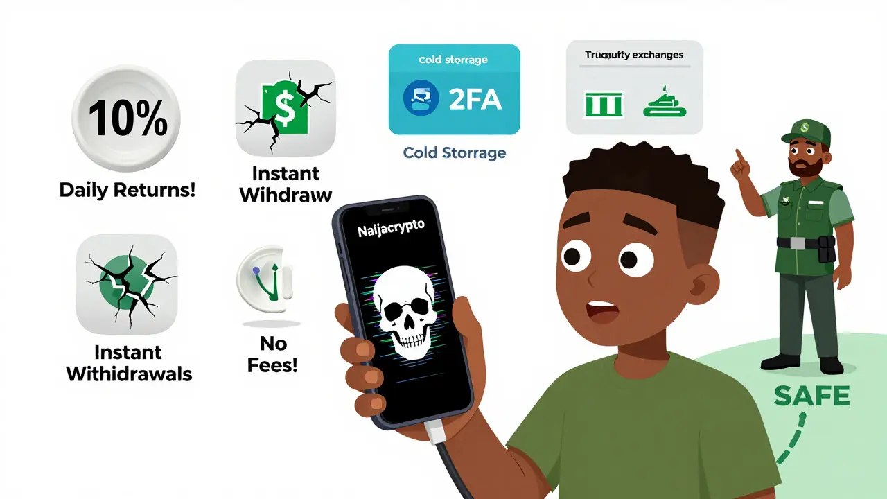 A user's phone glitches into a skull as fake crypto promises crack apart, while safe exchanges shine nearby.