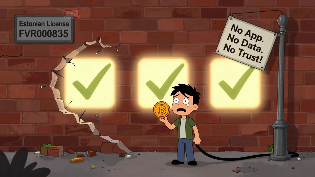 A user facing a crumbling license wall while trusted exchanges glow behind them.