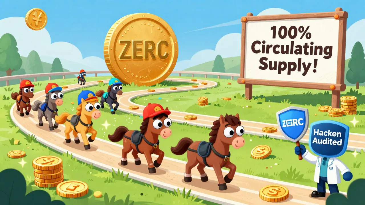 A whimsical racetrack where ZERC tokens power horse racing and breeding in a vibrant GameFi metaverse.