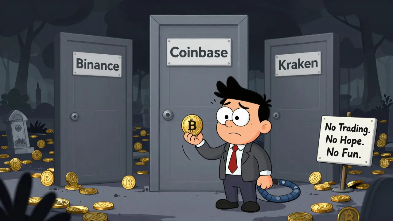An investor facing closed exchange doors with a dead crypto coin in hand.