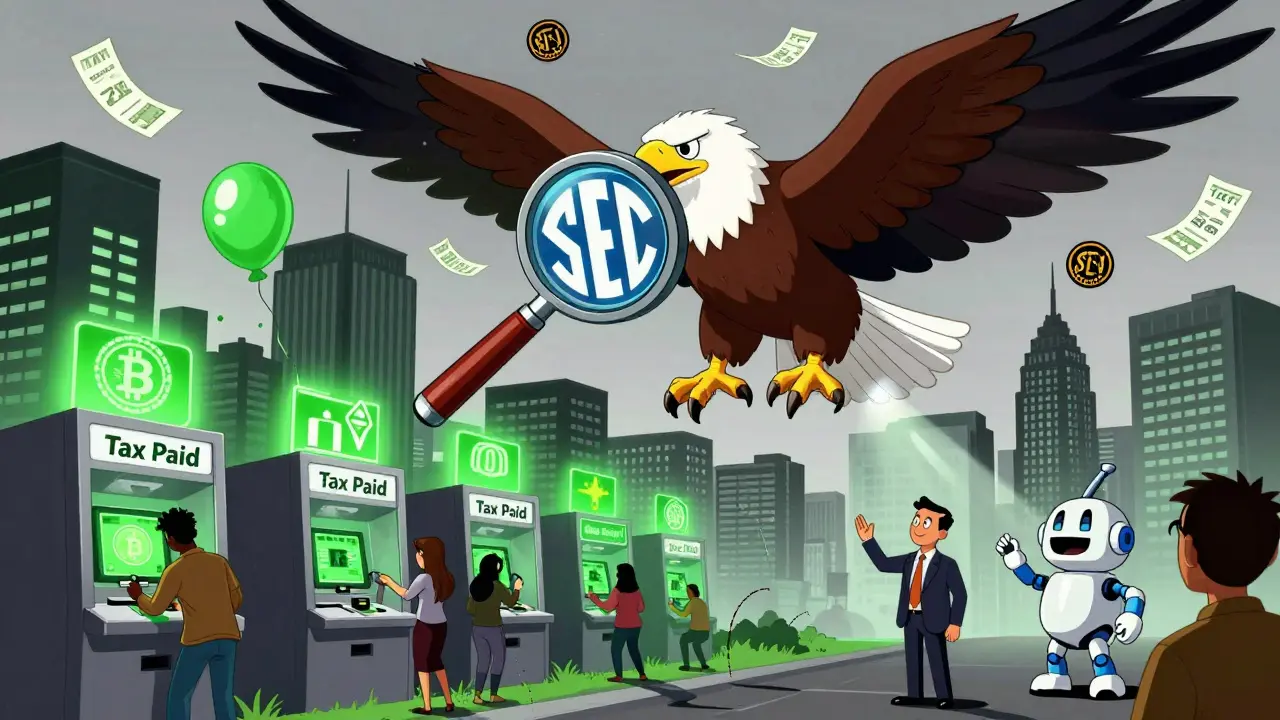 An SEC eagle watches over a city where licensed crypto platforms glow green and unlicensed ones deflate.