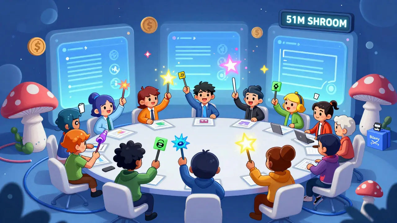 Cartoon characters voting with SHROOM tokens in a circular DAO meeting room filled with animated smart contracts.