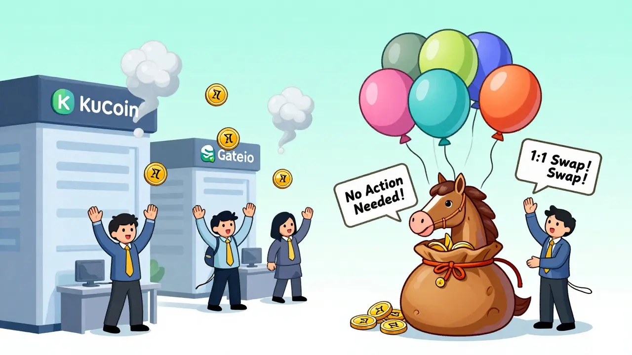 Cartoon exchanges KuCoin and Gate.io release ZERC tokens into wallets as DERC tokens disappear in puffs of smoke.