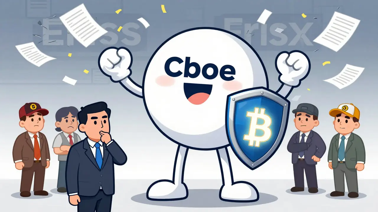 Cboe Digital logo stands tall as a superhero, absorbing the fading ErisX brand into regulatory confetti.