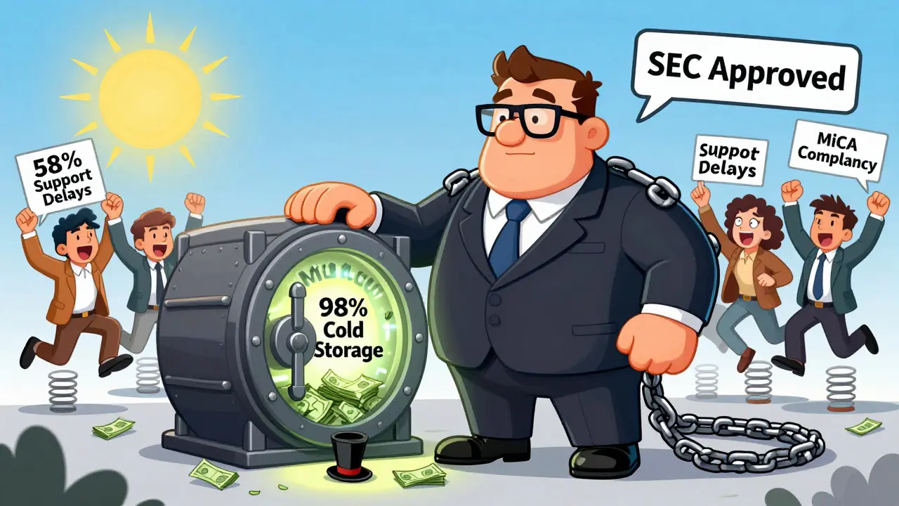 Coinbase banker holding cold storage vault, hedge funds depositing cash, chaotic users bouncing behind.