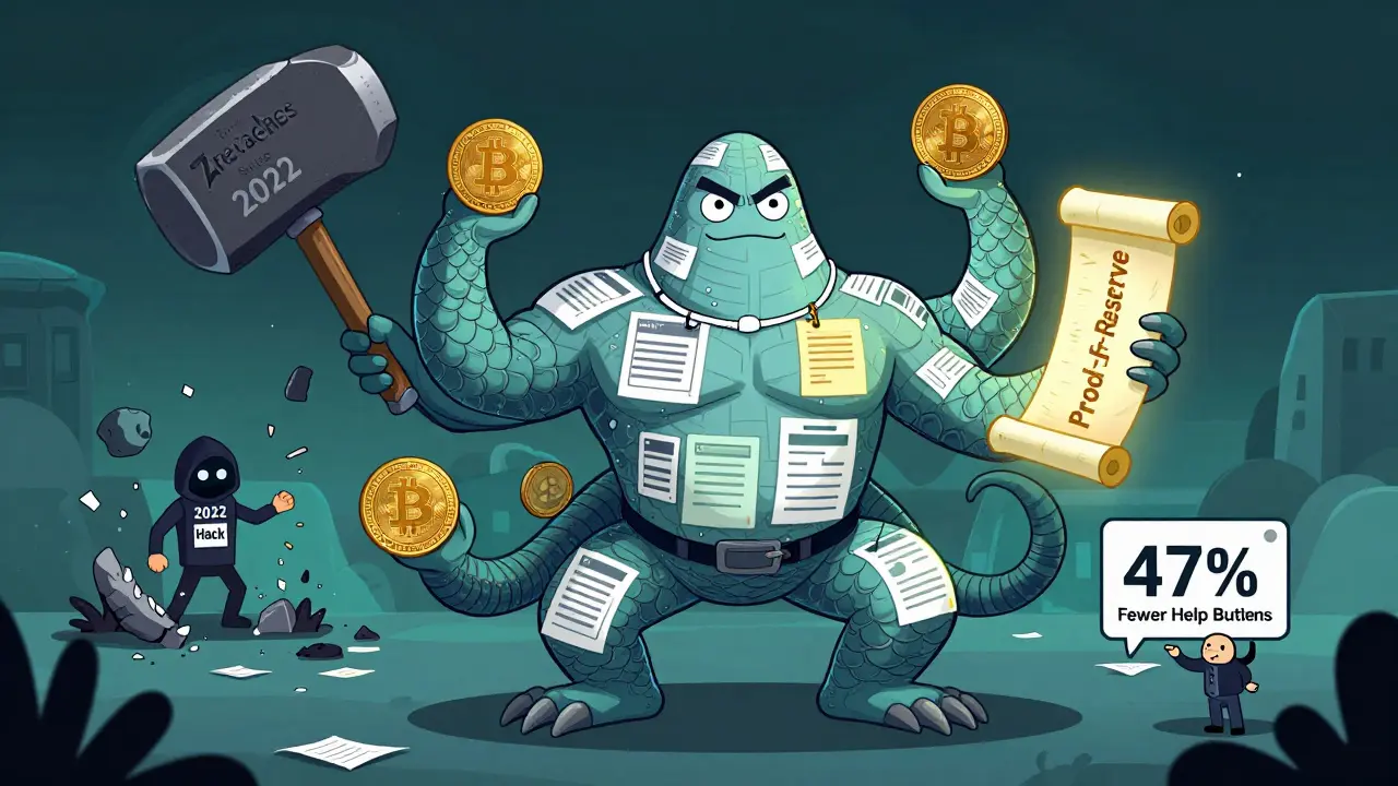 Kraken sea monster with audit scrolls, hacker crushed under hammer, confused beginner near missing tooltips.