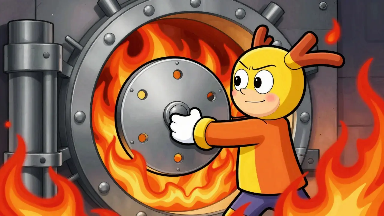 Metal backup plate safe inside fireproof vault with flames.