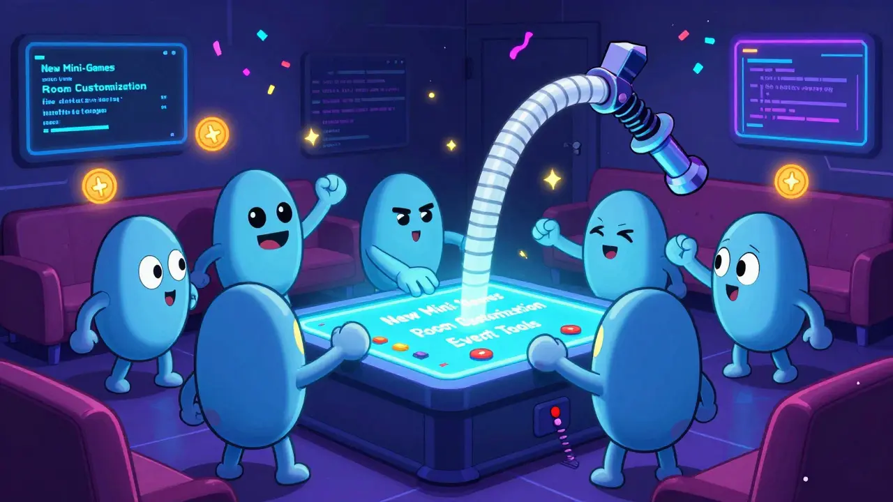 Quirky avatars voting on digital options with stretching arms and floating tokens