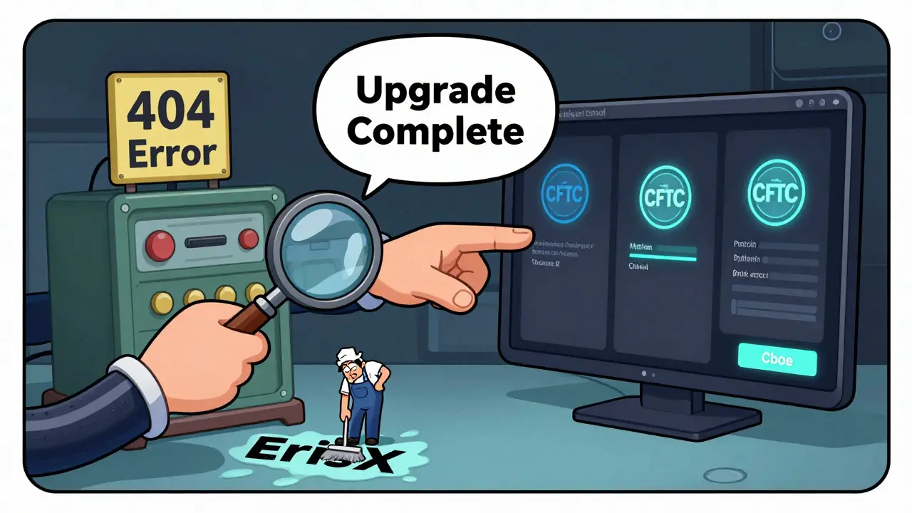 Split scene: clunky old ErisX terminal fades as sleek Cboe Digital platform glows with regulatory seals.
