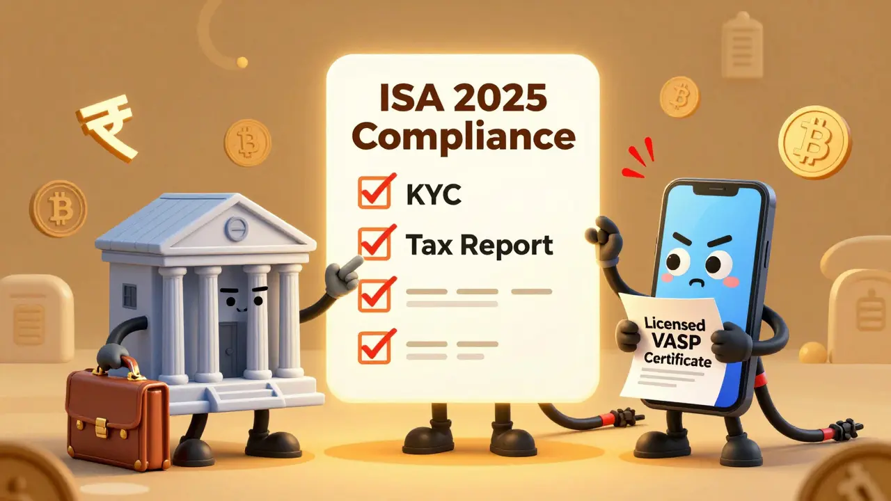 Three financial institutions check off compliance items on a giant ISA 2025 checklist.