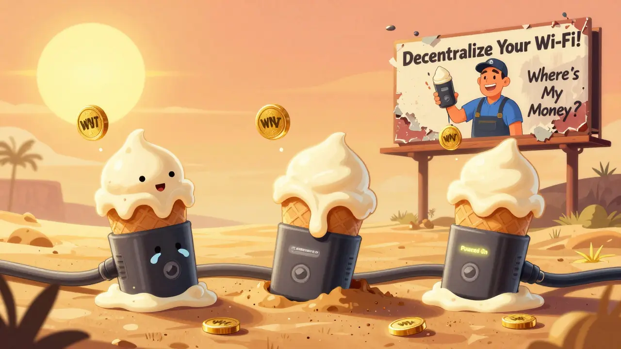 Three melting Wicrypt devices ooze tokens under a hot sun, one crying, another buried in sand, with a faded 'Decentralize Wi-Fi' billboard in the background.