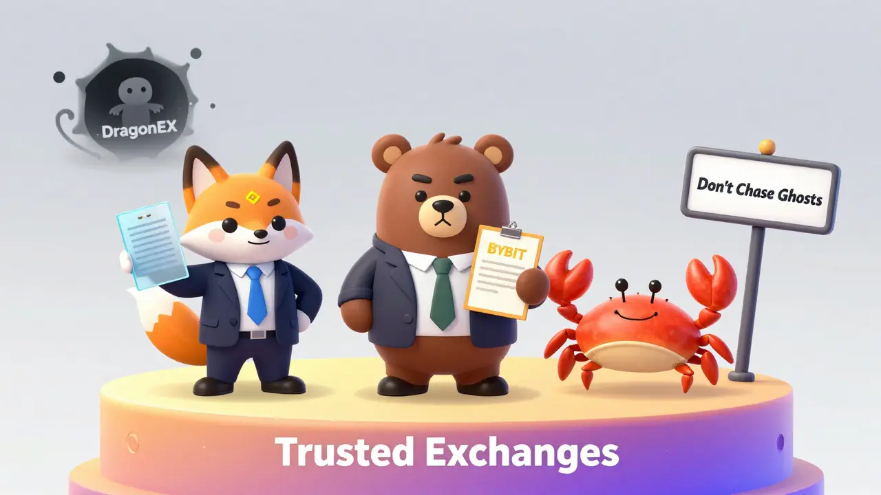 Three trustworthy crypto animals stand on a secure platform while a forgotten dragon vanishes into darkness.