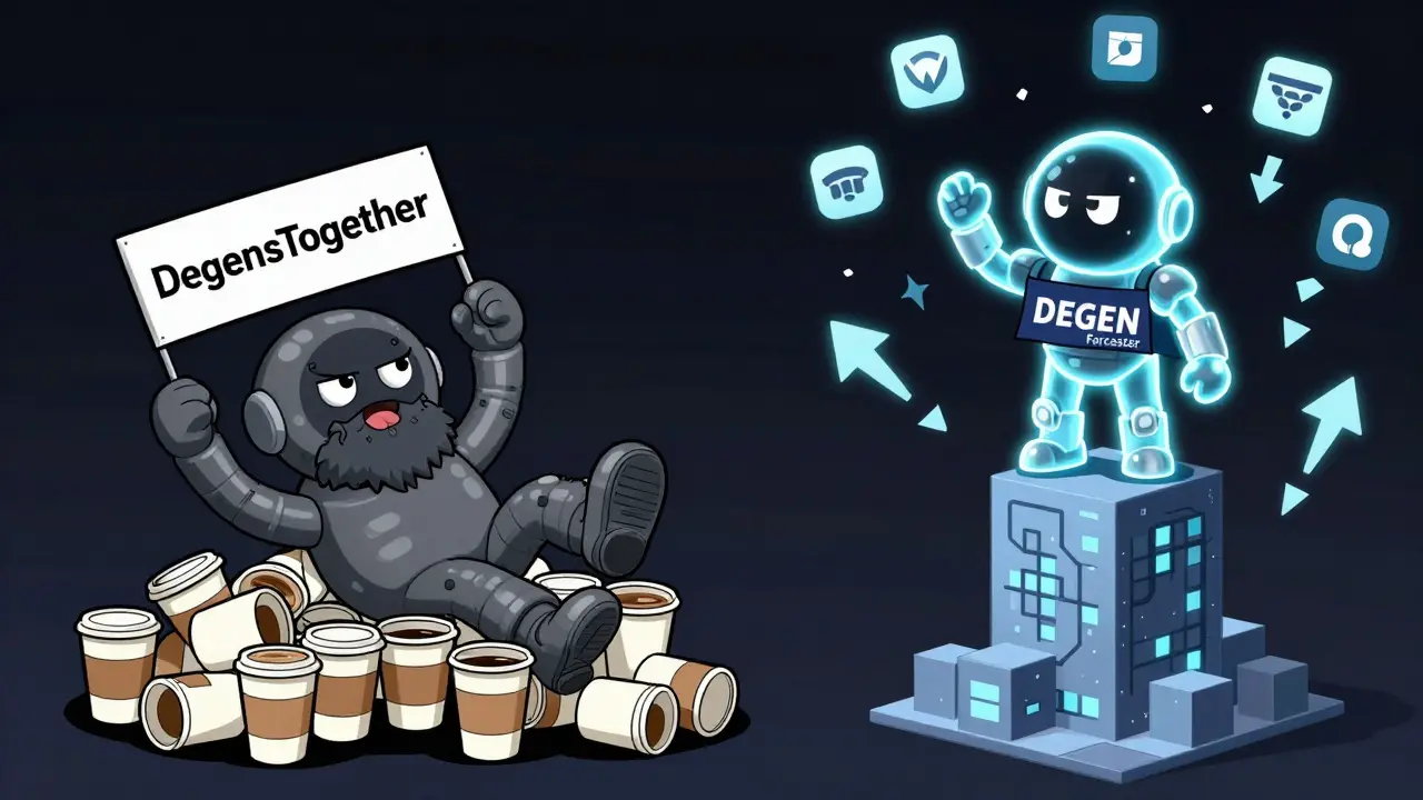 Two contrasting DEGEN token characters: one lazy and meme-like, the other high-tech with blockchain towers and tipping arrows.