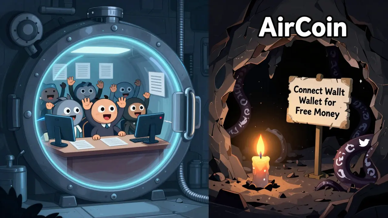 A bright, trustworthy airdrop vault on one side, and a dark cave with a scam sign on the other, under rubber hose cartoon style.