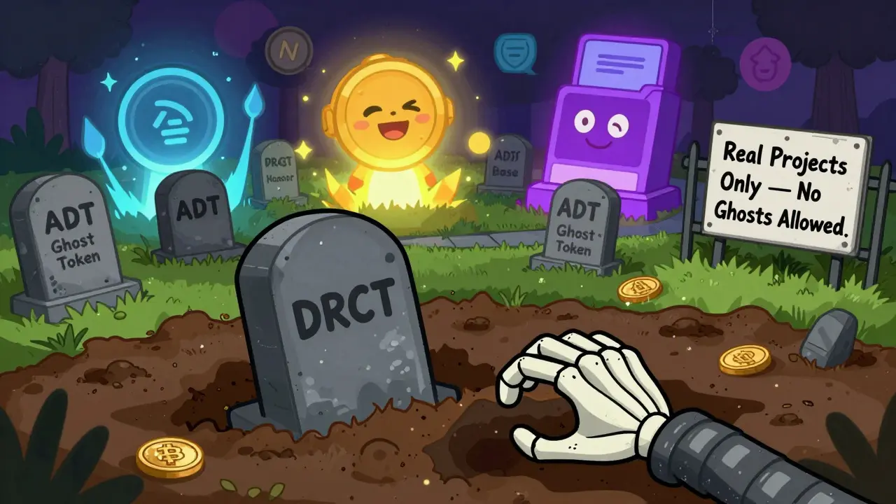 A crypto graveyard with DRCT and ADT tombstones, while active projects glow brightly in the distance.