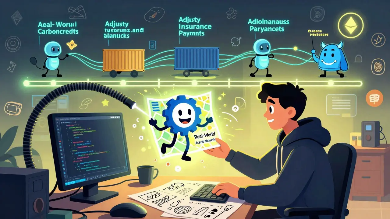 A developer receives a glowing map from a smiling GraphAI logo as AI agents automate real-world trades in the background.