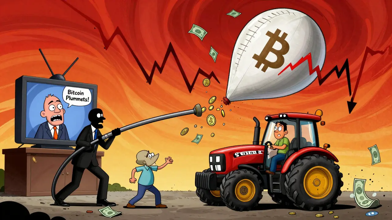 A farmer watches his tractor deflate as Bitcoin prices crash, with IMF figures pulling a lever in the background.